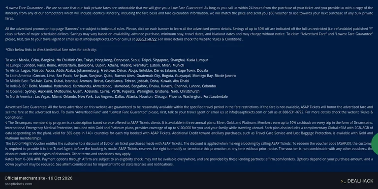 Screenshot of ASAP Tickets's website on Oct 16, 2026 showing the "Get $30 Off Your Next Flight" offer