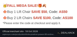 Screenshot of ASJMREYE's website on Oct 18, 2026 showing the "Save $50 on 1 Lift Chair at Asjmreye" offer
