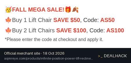 Screenshot of ASJMREYE's website on Oct 18, 2026 showing the "Save $100 on Two Lift Chairs" offer