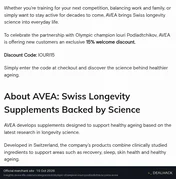 Screenshot of AVEA's website on Oct 15, 2026 showing the "Get 15% Off as a New AVEA Customer" offer