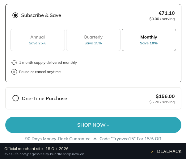 Screenshot of AVEA's website on Oct 15, 2026 showing the "Save 15% on Your First AVEA Order" offer