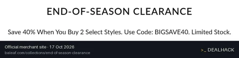 Screenshot of Baleaf's website on Oct 17, 2026 showing the "40% Off 2 Clearance Styles" offer