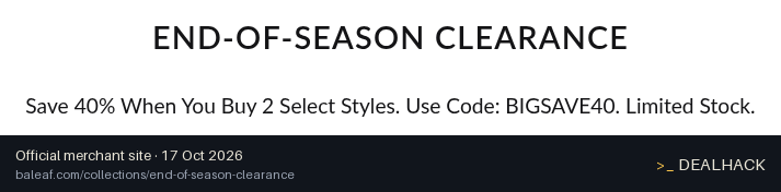 Screenshot of Baleaf's website on Oct 17, 2026 showing the "40% Off 2 Clearance Styles" offer