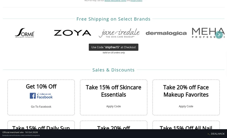 Screenshot of Beauty Care Choices's website on Oct 16, 2026 showing the "Get Free Shipping on Select Brand Orders" offer