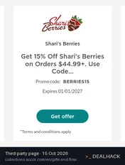 Screenshot of collections.accor.com listing a Shari's Berries coupon on Oct 15, 2026 showing the "15% Off Orders $44.99+ at Shari's Berries" offer