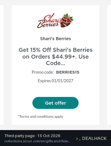Screenshot of collections.accor.com listing a Shari's Berries coupon on Oct 15, 2026 showing the "15% Off Orders $44.99+ at Shari's Berries" offer
