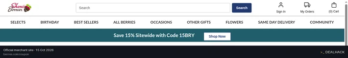 Screenshot of Shari's Berries's website on Oct 15, 2026 showing the "Save 15% on Orders $49.99+ at berries.com" offer