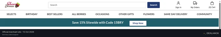 Screenshot of Shari's Berries's website on Oct 15, 2026 showing the "Save 15% on Orders $49.99+ at berries.com" offer