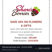 Screenshot of Shari's Berries's website on Oct 16, 2026 showing the "Save 15% on Shari's Berries Flowers & Gifts" offer