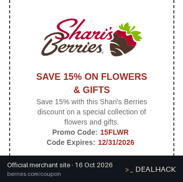 Screenshot of Shari's Berries's website on Oct 16, 2026 showing the "Save 15% on Shari's Berries Flowers & Gifts" offer