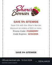Screenshot of Shari's Berries's website on Oct 16, 2026 showing the "Save 5% on Shari's Berries Orders $19+" offer