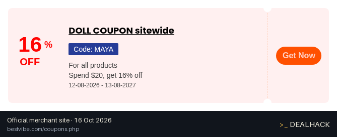 Screenshot of Bestvibe's website on Oct 16, 2026 showing the "Save 16% on Bestvibe Orders of $20+" offer