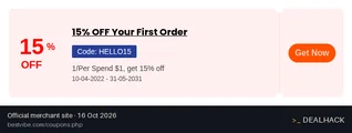 Screenshot of Bestvibe's website on Oct 16, 2026 showing the "Save 15% on Your First Bestvibe Order" offer