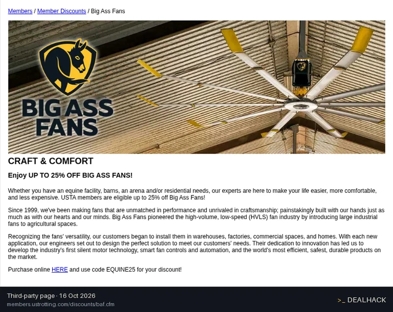 Screenshot of members.ustrotting.com listing a Big Ass Fans coupon on Oct 16, 2026 showing the "Up to 25% Off for USTA Members" offer