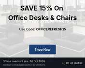 Screenshot of BizChair's website on Oct 16, 2026 showing the "15% Off Office Desks & Chairs" offer