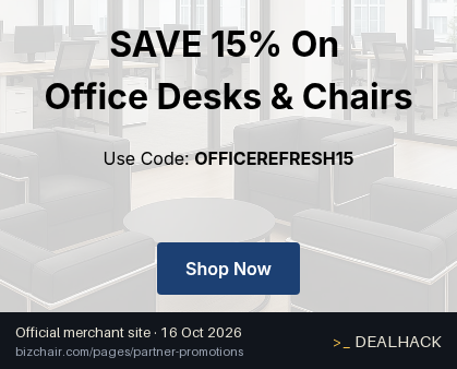 Screenshot of BizChair's website on Oct 16, 2026 showing the "15% Off Office Desks & Chairs" offer