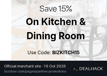 Screenshot of BizChair's website on Oct 16, 2026 showing the "15% Off Kitchen & Dining Room Furniture" offer