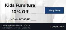 Screenshot of BizChair's website on Oct 16, 2026 showing the "10% Off Kids Furniture" offer