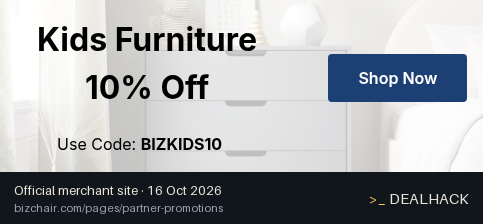 Screenshot of BizChair's website on Oct 16, 2026 showing the "10% Off Kids Furniture" offer