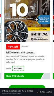 Screenshot of Blackcircles.ca's website on Oct 17, 2026 showing the "10% Off Rtx Wheels at Blackcircles.ca" offer