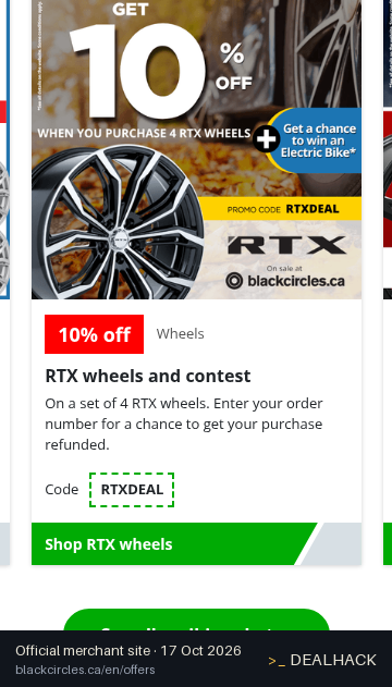 Screenshot of Blackcircles.ca's website on Oct 17, 2026 showing the "10% Off Rtx Wheels at Blackcircles.ca" offer