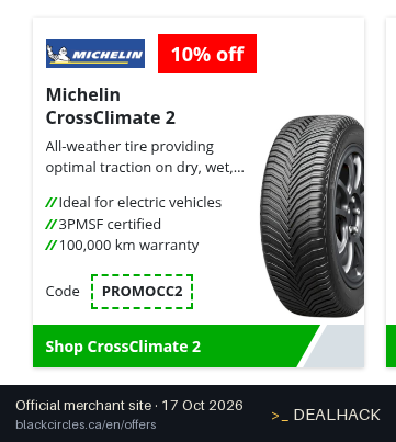 Screenshot of Blackcircles.ca's website on Oct 17, 2026 showing the "10% Off Michelin CrossClimate 2 Tires" offer