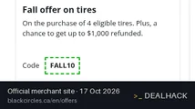 Screenshot of Blackcircles.ca's website on Oct 17, 2026 showing the "Save Up to 10% on Tires and Wheels" offer