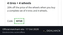 Screenshot of Blackcircles.ca's website on Oct 17, 2026 showing the "20% Off Rims With 4 Tires & Wheels" offer