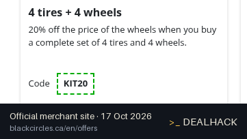Screenshot of Blackcircles.ca's website on Oct 17, 2026 showing the "20% Off Rims With 4 Tires & Wheels" offer