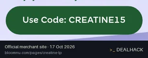 Screenshot of Bloom Nutrition's website on Oct 17, 2026 showing the "Get 15% Off Your First Bloom Creatine Order" offer