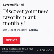 Screenshot of BloomsyBox's website on Oct 16, 2026 showing the "Save on Plant Subscriptions" offer