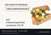 Screenshot of BloomsyBox's website on Oct 16, 2026 showing the "Save $10 on Subscriptions" offer