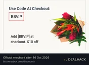 Screenshot of BloomsyBox's website on Oct 16, 2026 showing the "$10 Off Tropical Arrangements" offer