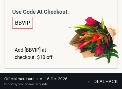 Screenshot of BloomsyBox's website on Oct 16, 2026 showing the "$10 Off Tropical Arrangements" offer
