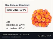 Screenshot of BloomsyBox's website on Oct 16, 2026 showing the "$10 Off Roses" offer