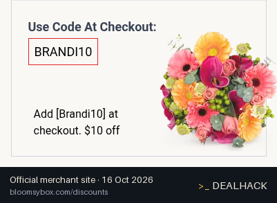 Screenshot of BloomsyBox's website on Oct 16, 2026 showing the "$10 Off Mixed Bouquets" offer
