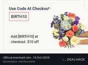 Screenshot of BloomsyBox's website on Oct 16, 2026 showing the "$10 Off Birthday Flowers" offer