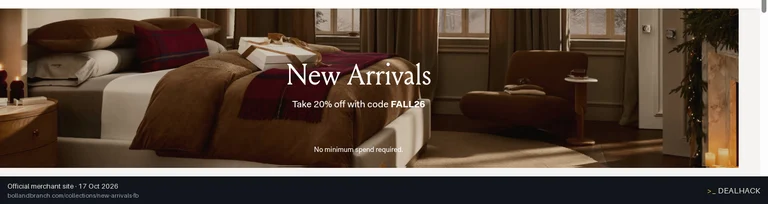 Screenshot of Boll & Branch's website on Oct 17, 2026 showing the "Save 15% on Select New Arrivals" offer