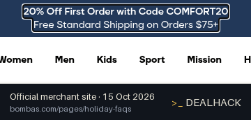 Screenshot of Bombas's website on Oct 15, 2026 showing the "Save 20% on Your First Bombas Order" offer