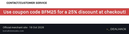 Screenshot of Bona Fide Masks's website on Oct 18, 2026 showing the "Save 25% Off Sitewide at Bona Fide Masks" offer