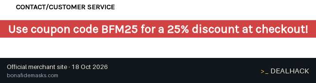 Screenshot of Bona Fide Masks's website on Oct 18, 2026 showing the "Save 25% Off Sitewide at Bona Fide Masks" offer