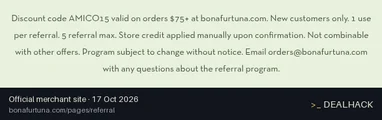 Screenshot of Bona Furtuna's website on Oct 17, 2026 showing the "Get $15 Off $75+ Orders for New Customers" offer