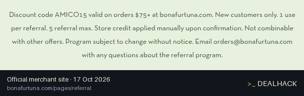 Screenshot of Bona Furtuna's website on Oct 17, 2026 showing the "Get $15 Off $75+ Orders for New Customers" offer