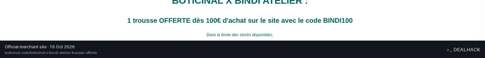 Screenshot of Boticinal's website on Oct 16, 2026 showing the "Free Bindi Atelier Pouch on €100 Orders" offer