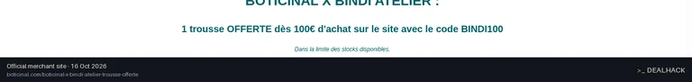 Screenshot of Boticinal's website on Oct 16, 2026 showing the "Free Bindi Atelier Pouch on €100 Orders" offer