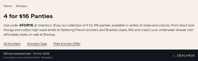 Screenshot of Brastop's website on Oct 16, 2026 showing the "Get 4 Eligible Panties for $16" offer