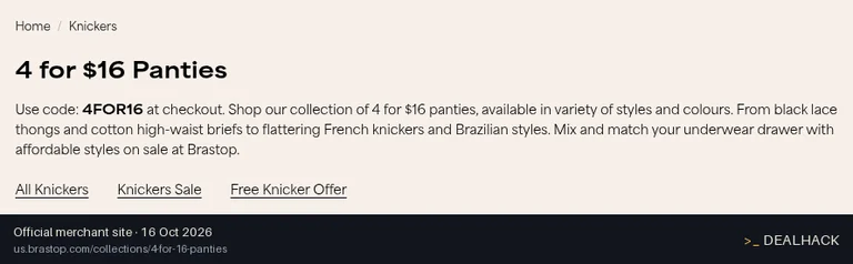 Screenshot of Brastop's website on Oct 16, 2026 showing the "Get 4 Eligible Panties for $16" offer