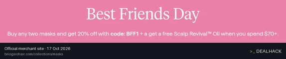 Screenshot of Briogeo's website on Oct 17, 2026 showing the "Get 20% Off When You Buy Two Masks" offer