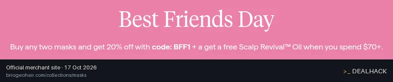 Screenshot of Briogeo's website on Oct 17, 2026 showing the "Get 20% Off When You Buy Two Masks" offer