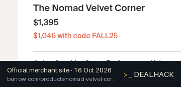 Screenshot of Burrow's website on Oct 16, 2026 showing the "Take 25% Off Your Burrow Order" offer